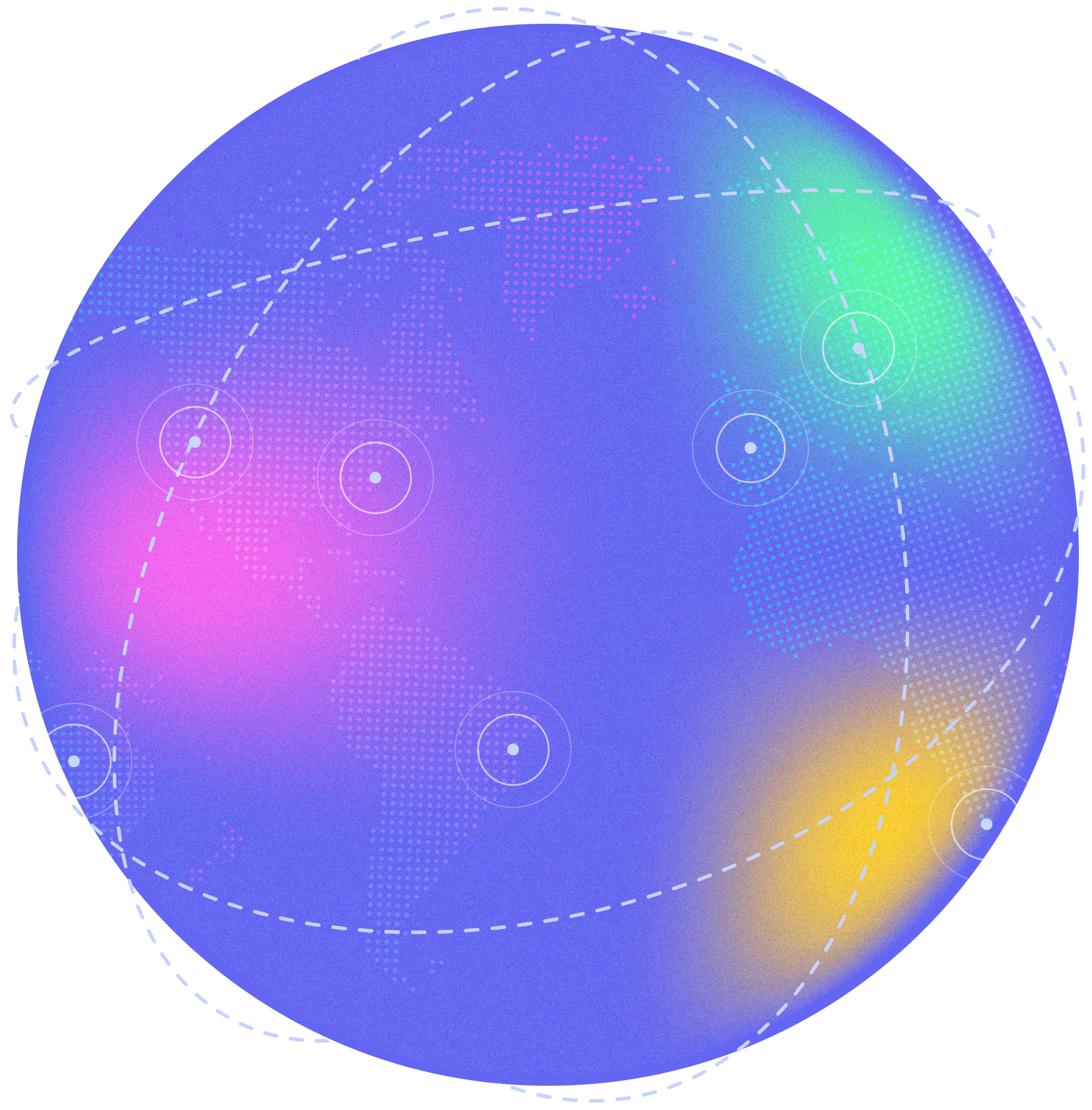 Globe with pixelated continents and orbitting dashed lines